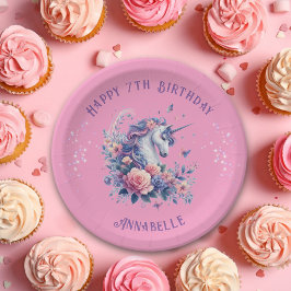 魔法のピンクパープルのユニコーン女子の誕生日 ペーパープレート