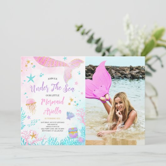 魔法のピンクマーメイド誕生日写真 招待状 (スタンド正面)