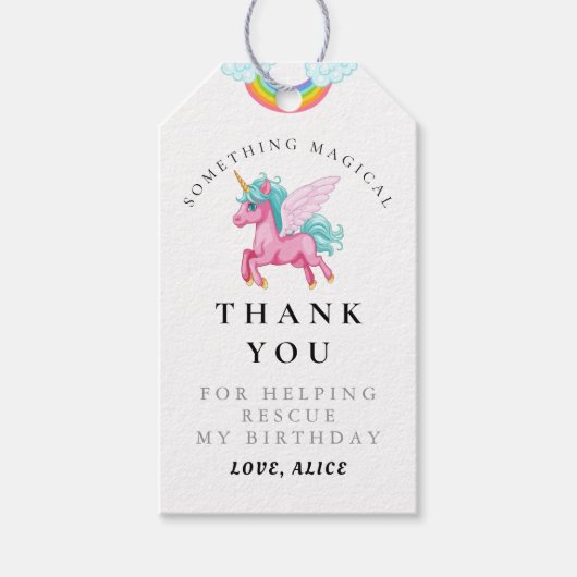 魔法のピンクユニコーンレインボー誕生日サンキュー ギフトタグ (正面)