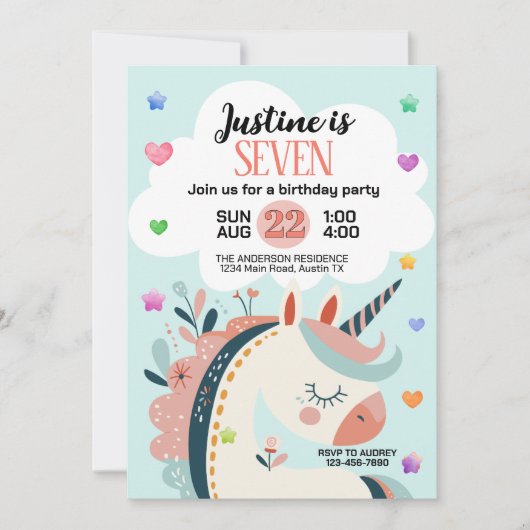 魔法のファンタジーユニコーン誕生日パーティー 招待状 (正面)