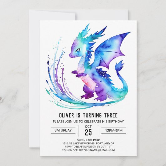 魔法のファンタジー ドラゴン デジタル ボーイ 誕生日 招待状 (正面)