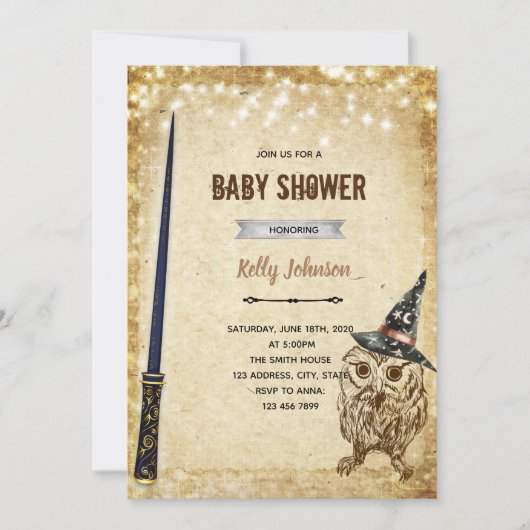 魔法のフクロウのシャワー誕生日招待状 招待状 (正面)