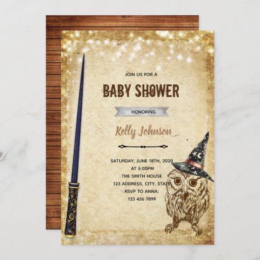 魔法のフクロウのシャワー誕生日招待状 招待状 (正面/裏面)