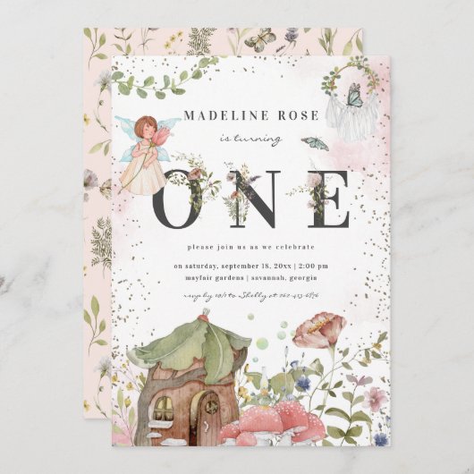 魔法のフローラフェアリー1st誕生日パーティー 招待状 (正面/裏面)