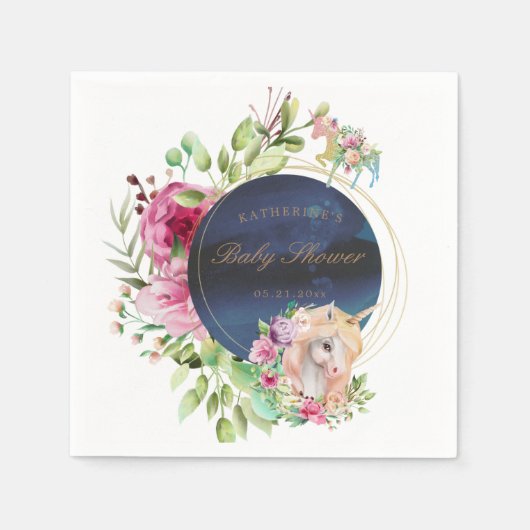 魔法のフローラユニコーン赤ちゃんシャワー紙 スタンダードカクテルナプキン (正面)