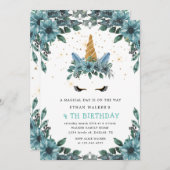 魔法のブルーフローラユニコーン誕生日招待状 招待状 (正面/裏面)