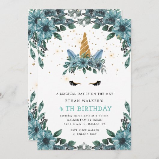 魔法のブルーフローラユニコーン誕生日招待状 招待状 (正面/裏面)