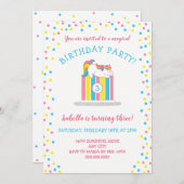 魔法のベビーのユニコーンの誕生会、ケーキ + 年齢 招待状 (正面/裏面)