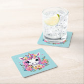 魔法のベビーユニコーンと花 スクエアペーパーコースター (インサイチュ)