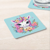 魔法のベビーユニコーンと花 スクエアペーパーコースター (アングル)