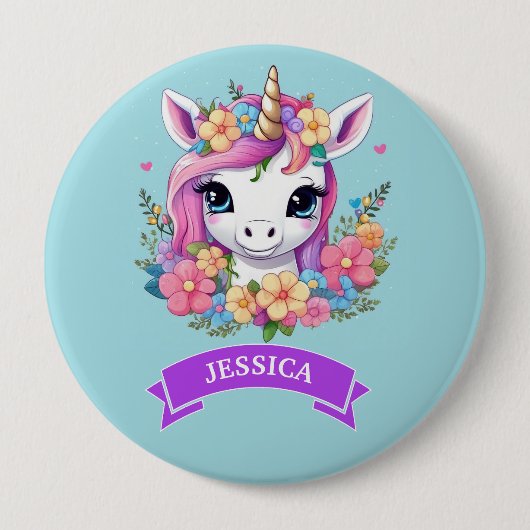 魔法のベビーユニコーンと花 缶バッジ (正面)
