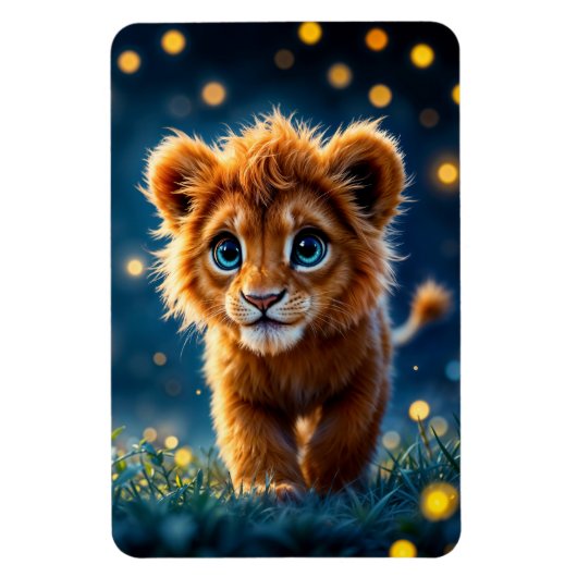 魔法のベビーライオンの歩くのファンタジー夜 マグネット (縦)