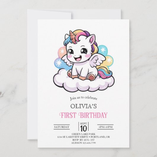魔法のボホデジタルユニコーンの最初の誕生日 招待状 (正面)