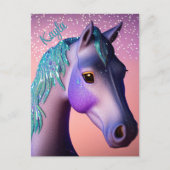 魔法のポニーで紫とティール(緑がかった色)と名前をカスタムする ポストカード (正面)