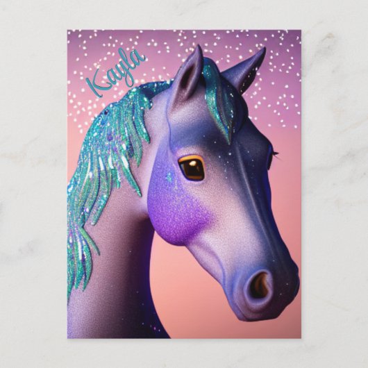 魔法のポニーで紫とティール（緑がかった色）と名前をカスタムする ポストカード (正面)