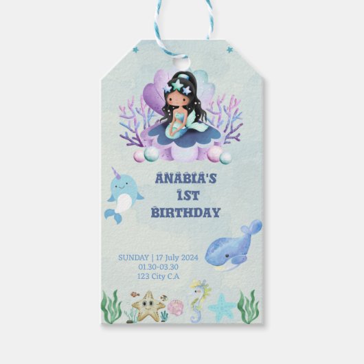 魔法のマーメイドウォーターカラーバースデーパーティー ギフトタグ (正面)