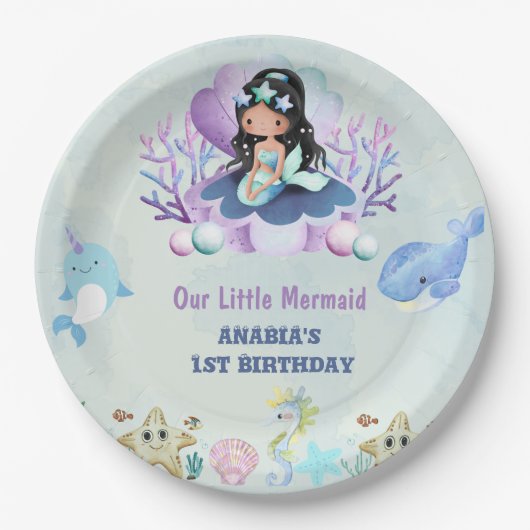 魔法のマーメイドウォーターカラーバースデーパーティー ペーパープレート (正面)