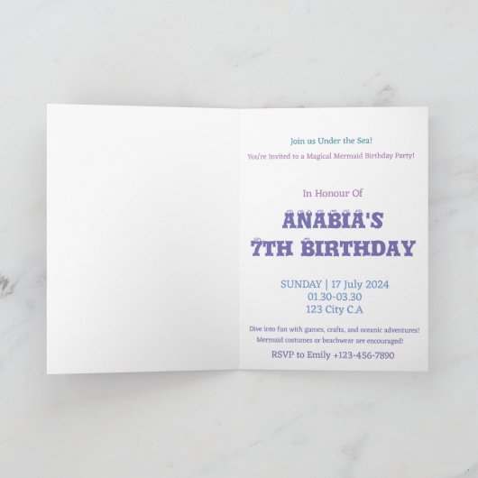 魔法のマーメイドウォーターカラーバースデーパーティー 招待状 (内部)