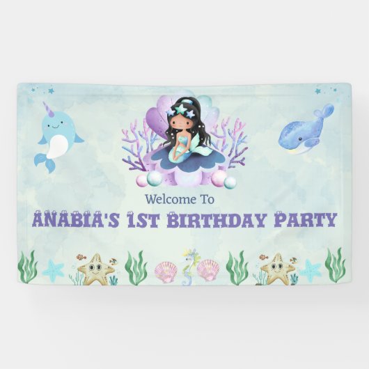 魔法のマーメイドウォーターカラー誕生日ウェルカムサイン 横断幕 (横)