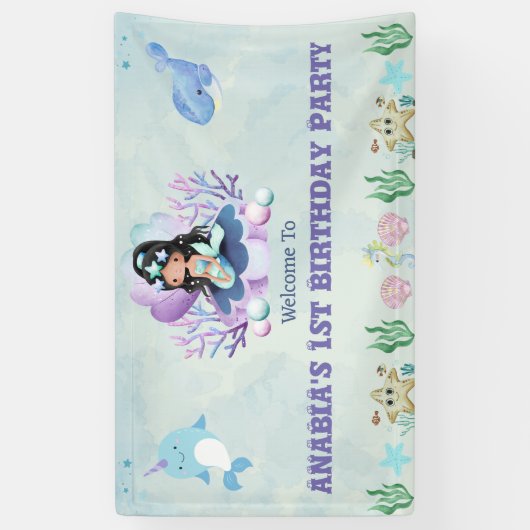 魔法のマーメイドウォーターカラー誕生日ウェルカムサイン 横断幕 (縦)