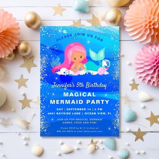 魔法のマーメイドグリッター誕生日パーティーの招待 招待状