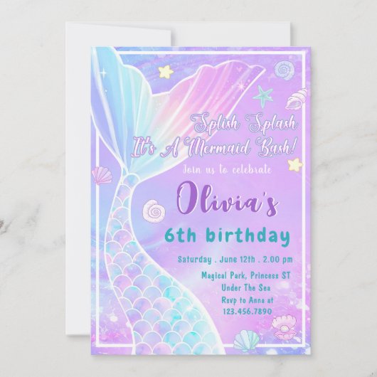 魔法のマーメイドテール誕生日パーティーの招待 招待状 (正面)