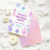 魔法のマーメイドパープルピンクウォーター誕生日 招待状