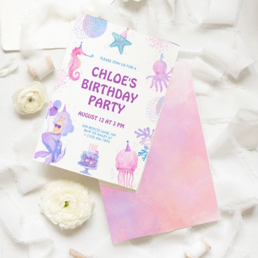 魔法のマーメイドパープルピンクウォーター誕生日 招待状