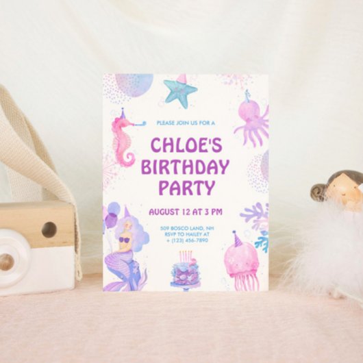 魔法のマーメイドパープルピンクウォーター誕生日 招待状