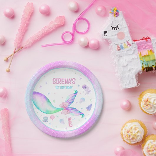 魔法のマーメイドピンクパープル誕生日 ペーパープレート (パーティー)