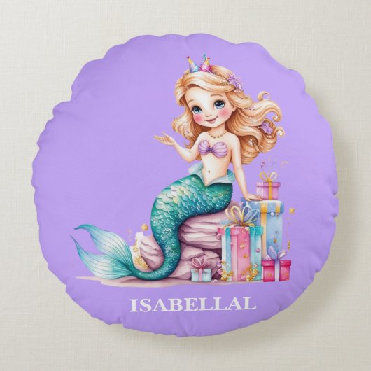 魔法のマーメイドレインボー誕生日ガールパーティー ラウンドクッション (正面)