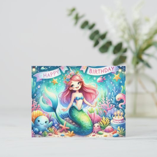 魔法のマーメイド誕生日カード – 水彩 ポストカード (スタンド正面)