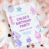 魔法のマーメイド パープル ピンク 水彩画 誕生日 招待状