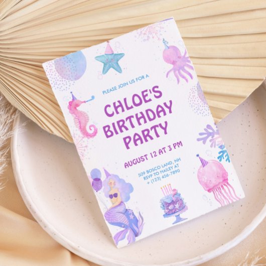魔法のマーメイド パープル ピンク 水彩画 誕生日 招待状