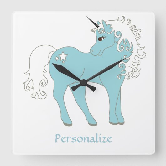 魔法のユニコーンかわいい&星で愛らしい スクエア壁時計 (正面)