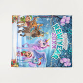 魔法のユニコーンとトナカイの子供たちのお正月背景 タペストリー (正面(横))