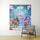 魔法のユニコーンとトナカイの子供たちのお正月背景 タペストリー (インサイチュ)