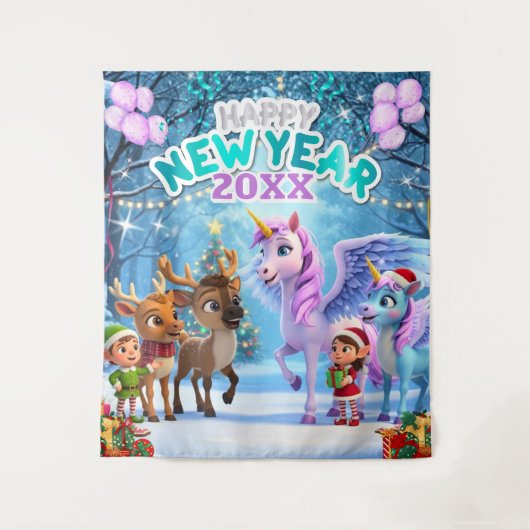 魔法のユニコーンとトナカイの子供たちのお正月背景 タペストリー (正面)