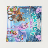 魔法のユニコーンとトナカイの子供たちのお正月背景 タペストリー (正面(横))