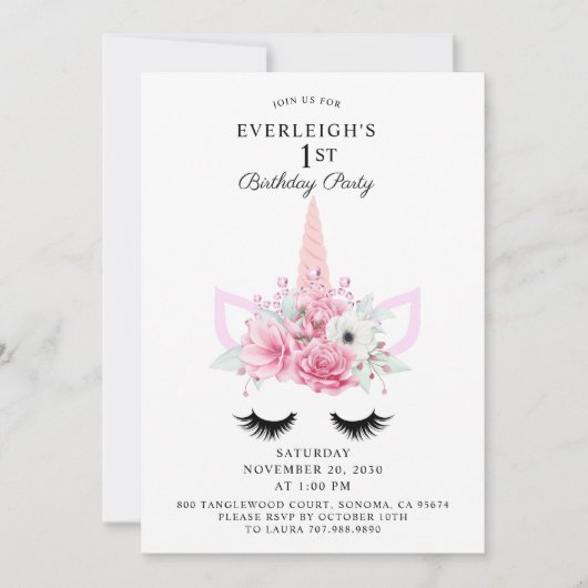 魔法のユニコーンとフローラの最初の誕生日パーティー 招待状 (正面)