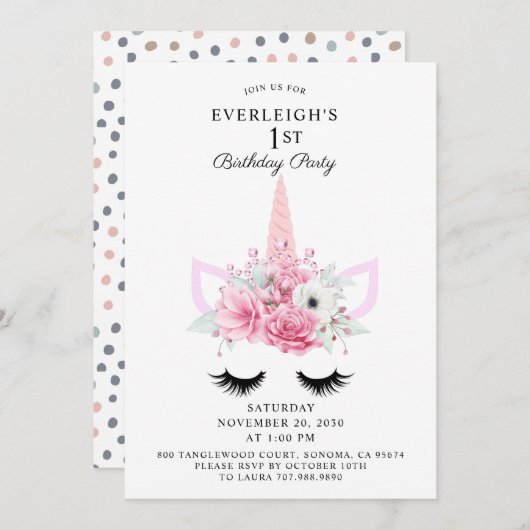 魔法のユニコーンとフローラの最初の誕生日パーティー 招待状 (正面/裏面)