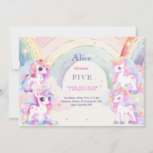 魔法のユニコーンとレインボウ水彩の誕生日 招待状 (正面)