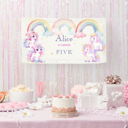 魔法のユニコーンとレインボウ水彩の誕生日 横断幕 (パーティー)