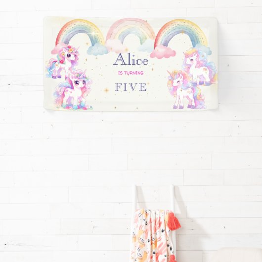 魔法のユニコーンとレインボウ水彩の誕生日 横断幕 (インサイチュ)