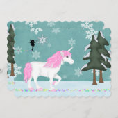 魔法のユニコーンと妖精の冬の森のクリスマス シーズンカード (正面/裏面)