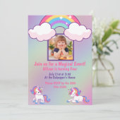 魔法のユニコーンと子供の写真の誕生日パーティー 招待状 (スタンド正面)
