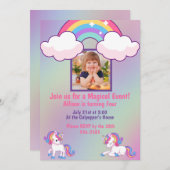 魔法のユニコーンと子供の写真の誕生日パーティー 招待状 (正面/裏面)