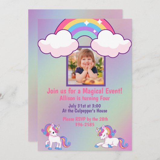 魔法のユニコーンと子供の写真の誕生日パーティー 招待状 (正面/裏面)