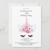 魔法のユニコーンと花の1歳誕生日パーティー 招待状 (正面)