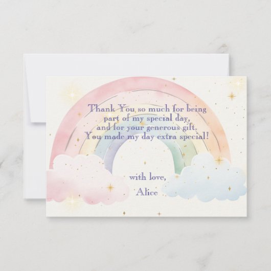 魔法のユニコーンと虹の水彩誕生日 サンキューカード (正面)